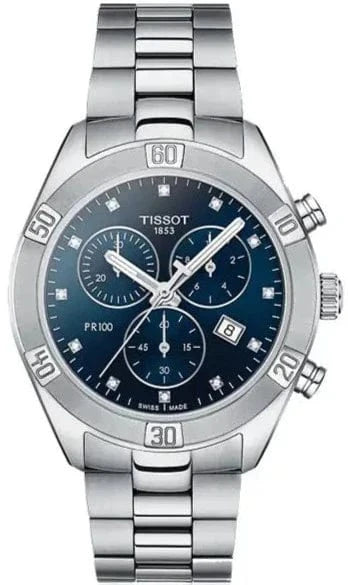 Buy Shop Tissot PR 100 Sport Chic Chronograph Diamonds Blue Dial Silver Steel Strap Watch for Women - T101.917.11.046.00 USA Online