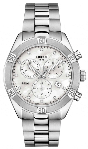 Buy Shop Tissot PR 100 Sport Chic Chronograph Diamonds Mother of Pearl Dial Silver Steel Strap Watch for Women - T101.917.11.116.00 USA Online