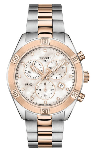 Buy Shop Tissot PR 100 Sport Chic Chronograph Diamonds Mother of Pearl Dial Two Tone Steel Strap Watch for Women - T101.917.22.116.00 USA Online