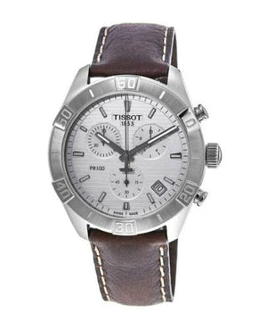 Buy Shop Tissot PR 100 Sport Quartz Chronograph Silver Dial Brown Leather Strap Watch For Men - T101.617.16.031.00 USA Online