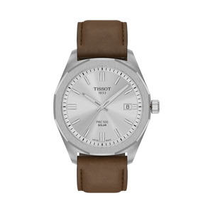 Buy Shop Tissot PRC 100 Solar Quartz Silver Dial Brown Leather Strap Watch for Men - T151.422.16.031.00 USA Online