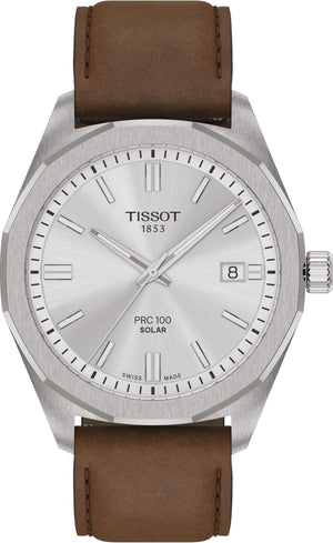 Buy Shop Tissot PRC 100 Solar Quartz Silver Dial Brown Leather Strap Watch for Men - T151.422.16.031.00 USA Online