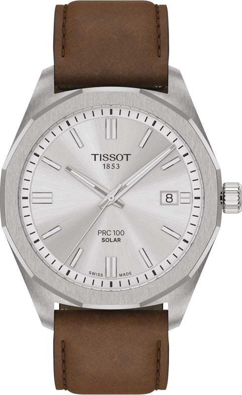 Buy Shop Tissot PRC 100 Solar Quartz Silver Dial Brown Leather Strap Watch for Men - T151.422.16.031.00 USA Online