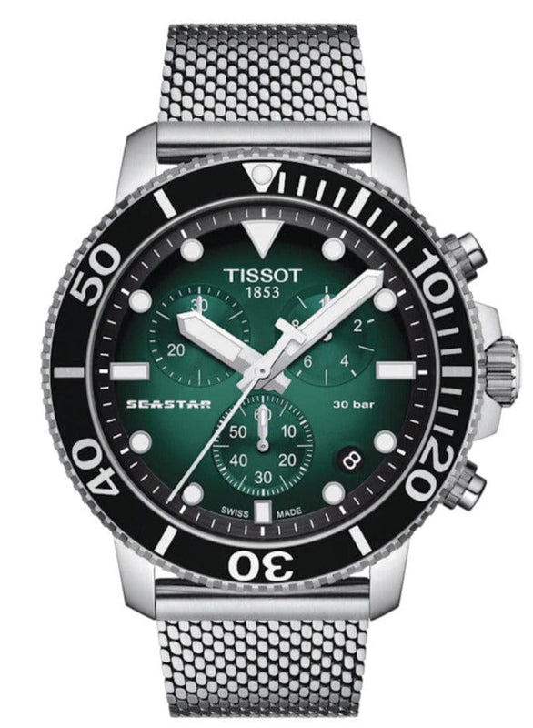 Buy Shop Tissot Seastar 1000 Chronograph Green Dial Silver Mesh Bracelet Watch For Men - T120.417.11.091.00 USA Online