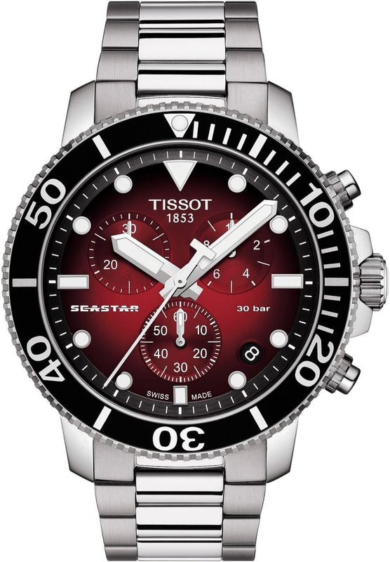 Buy Shop Tissot Seastar 1000 Chronograph Red Dial Silver Steel Strap Watch For Men - T120.417.11.421.00 USA Online
