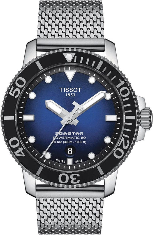 Buy Shop Tissot Seastar 1000 Powermatic 80 Blue Dial SIlver Mesh Bracelet Watch For Men - T120.407.11.041.02 USA Online