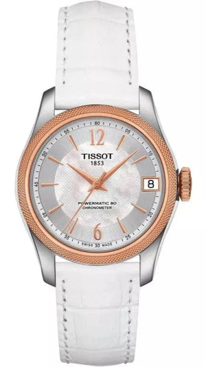 Buy Shop Tissot T-Classic Powermatic 80 Mother of Pearl Silver Dial White Leather Strap Watch For Women - T108.208.26.117.00 USA Online
