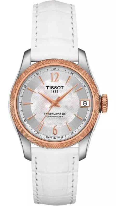 Buy Shop Tissot T-Classic Powermatic 80 Mother of Pearl Silver Dial White Leather Strap Watch For Women - T108.208.26.117.00 USA Online