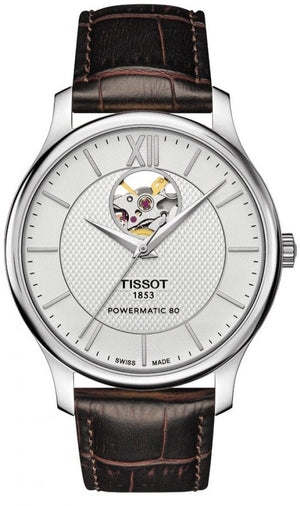 Buy Shop Tissot T Classic Tradition Powermatic 80 Open Heart Silver Dial Brown Leather Strap Watch for Men - T063.907.16.038.00 USA Online