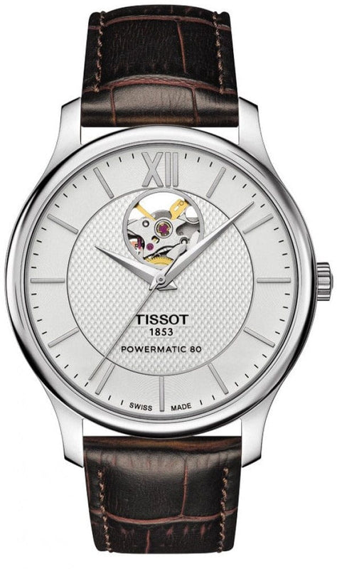 Buy Shop Tissot T Classic Tradition Powermatic 80 Open Heart Silver Dial Brown Leather Strap Watch for Men - T063.907.16.038.00 USA Online