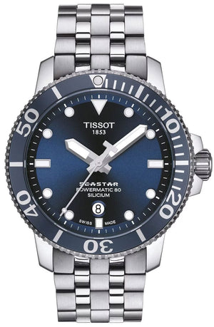Buy Shop Tissot T Sport Seastar 1000 Powermatic Silicium Blue Dial Silver Steel Strap Watch For Men - T120.407.11.041.01 USA Online
