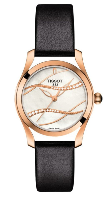 Buy Shop Tissot T Wave Diamond Mother of Pearl Dial Black Leather Strap Watch For Women - T112.210.36.111.00 USA Online
