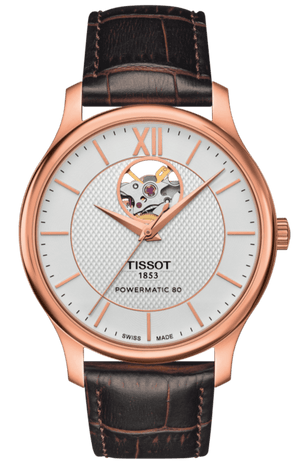 Buy Shop Tissot Tradition Powermatic 80 Open Heart Silver Dial Brown Leather Strap Watch For Men - T063.907.36.038.00 USA Online