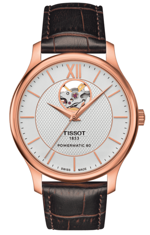 Buy Shop Tissot Tradition Powermatic 80 Open Heart Silver Dial Brown Leather Strap Watch For Men - T063.907.36.038.00 USA Online