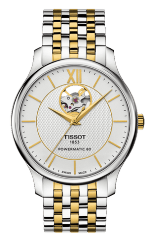Buy Shop Tissot Tradition Powermatic 80 Open Heart Silver Dial Two Tone Steel Strap Watch For Men - T063.907.22.038.00 USA Online