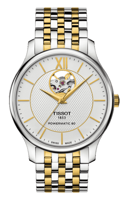 Buy Shop Tissot Tradition Powermatic 80 Open Heart Silver Dial Two Tone Steel Strap Watch For Men - T063.907.22.038.00 USA Online