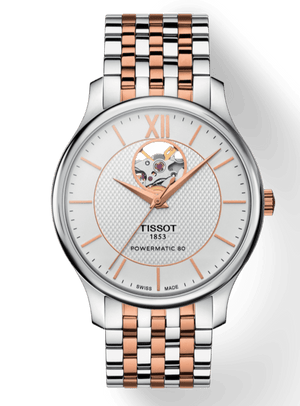Buy Shop Tissot Tradition Powermatic 80 Open Heart Silver Dial Two Tone Steel Strap Watch For Men - T063.907.22.038.01 USA Online
