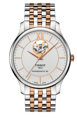 Buy Shop Tissot Tradition Powermatic 80 Open Heart Silver Dial Two Tone Steel Strap Watch For Men - T063.907.22.038.01 USA Online