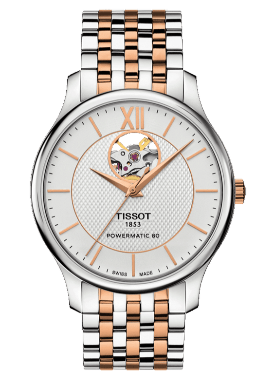 Buy Shop Tissot Tradition Powermatic 80 Open Heart Silver Dial Two Tone Steel Strap Watch For Men - T063.907.22.038.01 USA Online