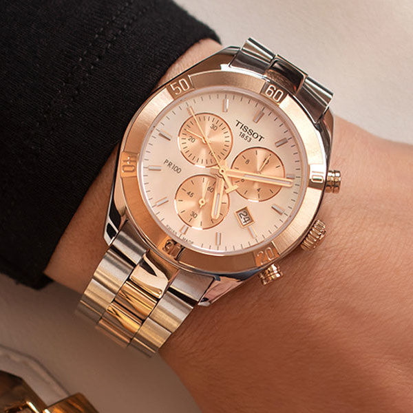 Buy Shop Tissot PR 100 Sport Chic Chronograph Diamonds Mother of Pearl Dial Two Tone Steel Strap Watch for Women - T101.917.22.116.00 USA Online