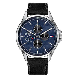 Buy Shop Tommy Hilfiger Shawn Multifunction Quartz Blue Dial Black Leather Strap Watch for Men - 1791616 USA Online
