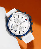Buy Shop Tommy Hilfiger Bank Chronograph White Dial White Rubber Strap Watch for Men - 1791723 USA Online