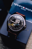 Buy Shop Tommy Hilfiger Bruce Automatic Black Dial Brown Leather Strap Watch for Men - 1791280 USA Online