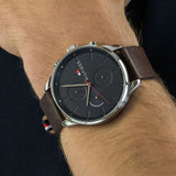 Buy Shop Tommy Hilfiger Chase Chronograph Grey Dial Brown Leather Strap Watch For Men - 1791487 USA Online