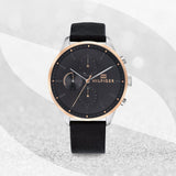 Buy Shop Tommy Hilfiger Chase Chronograph Quartz Grey Dial Black Leather Strap Watch For Men - 1791488 USA Online