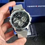 Tommy Hilfiger Chronograph Black Dial Silver Mesh Bracelet Watch for Men - 1791292