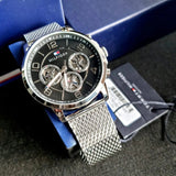 Tommy Hilfiger Chronograph Black Dial Silver Mesh Bracelet Watch for Men - 1791292