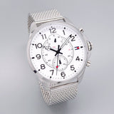 Buy Shop Tommy Hilfiger Dean Chronograph White Dial Silver Mesh Bracelet Watch for Men - 1791277 USA Online