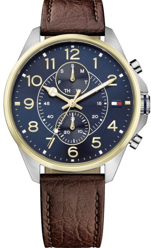 Buy Shop Tommy Hilfiger Dean Multifunctional Blue Dial Brown Leather Strap Watch for Men - 1791275 USA Online