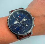 Buy Shop Tommy Hilfiger Evan Chronograph Blue Dial Brown Leather Strap Watch for Men - 1710393 USA Online