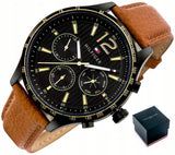 Buy Shop Tommy Hilfiger Gavin Chronograph Quartz Black Dial Brown Leather Strap Watch for Men - 1791470 USA Online
