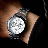 Buy Shop Tommy Hilfiger Hudson Chronograph White Dial Silver Steel Strap Watch For Men - 1791227 USA Online