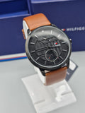 Buy Shop Tommy Hilfiger Hunter Black Dial Brown Leather Strap Watch for Men - 1791604 USA Online