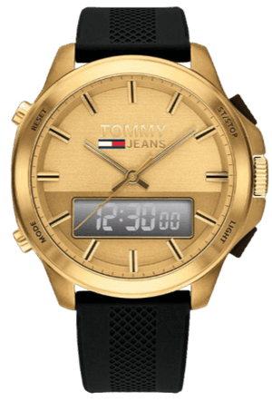 Buy Shop Tommy Hilfiger Jeans Digital Analog Gold Dial Black Rubber Strap Watch For Women - 1791762 USA Online
