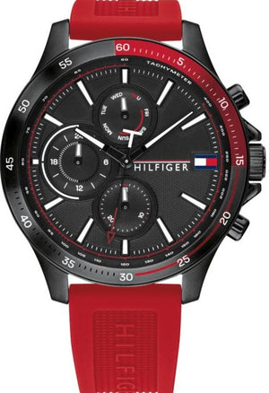 Buy Shop Tommy Hilfiger Multifunction Quartz Black Dial Red Rubber Strap Watch for Men - 1791722 USA Online