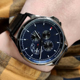 Buy Shop Tommy Hilfiger Shawn Multifunction Quartz Blue Dial Black Leather Strap Watch for Men - 1791616 USA Online