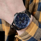 Buy Shop Tommy Hilfiger Shawn Multifunction Quartz Blue Dial Black Leather Strap Watch for Men - 1791616 USA Online