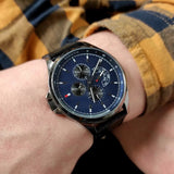 Buy Shop Tommy Hilfiger Shawn Multifunction Quartz Blue Dial Black Leather Strap Watch for Men - 1791616 USA Online