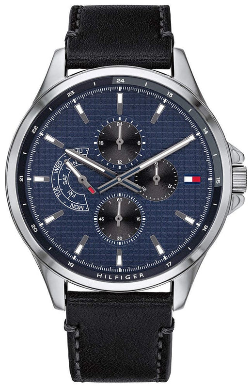 Buy Shop Tommy Hilfiger Shawn Multifunction Quartz Blue Dial Black Leather Strap Watch for Men - 1791616 USA Online