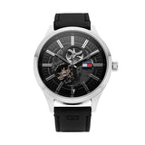 Buy Shop Tommy Hilfiger Spencer Skeleton Black Dial Black Leather Strap Watch for Men - 1791641 USA Online
