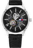 Buy Shop Tommy Hilfiger Spencer Skeleton Black Dial Black Leather Strap Watch for Men - 1791641 USA Online