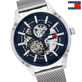 Buy Shop Tommy Hilfiger Spencer Skeleton Black Dial Silver Mesh Bracelet Watch for Men - 1791643 USA Online
