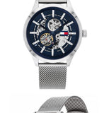 Buy Shop Tommy Hilfiger Spencer Skeleton Black Dial Silver Mesh Bracelet Watch for Men - 1791643 USA Online