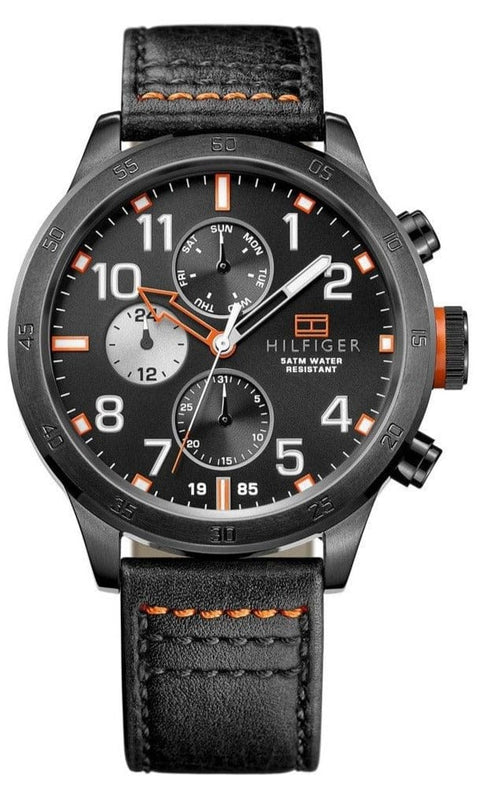 Buy Shop Tommy Hilfiger Trent Multifunction Black Dial Black Leather Strap Watch for Men - 1791136 USA Online