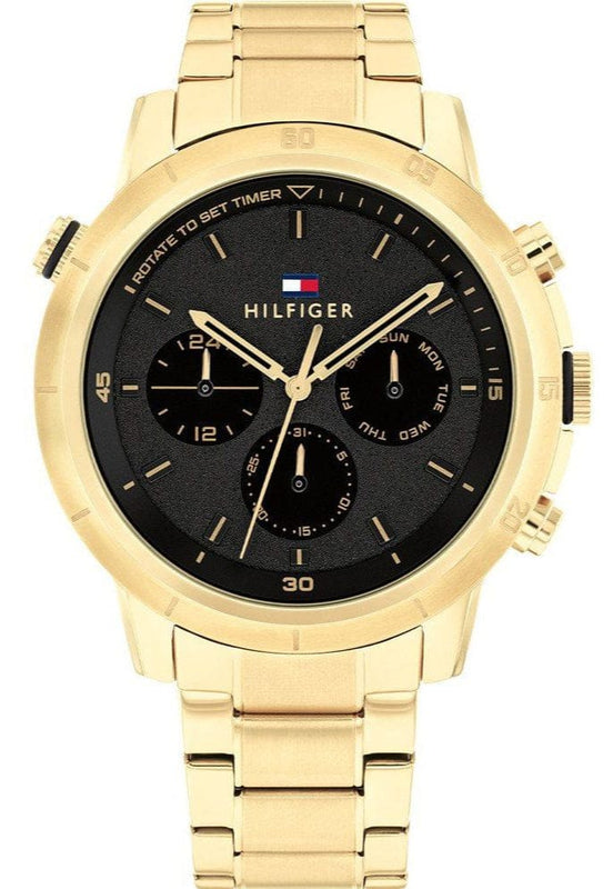Buy Shop Tommy Hilfiger Troy Chronograph Black Dial Gold Steel Strap Watch For Men - 1792109 USA Online