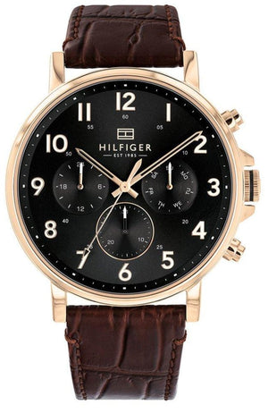 Tommy Hilfiger Daniel Black Dial Brown Leather Strap Watch for Men - 1710379